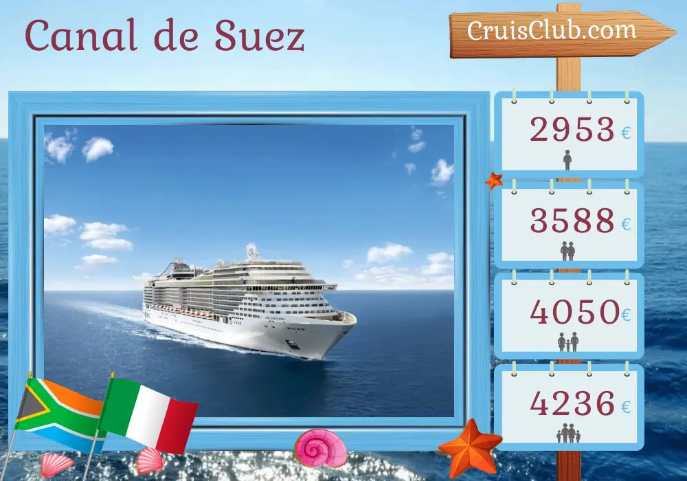 Crucero por el Canal de Suez desde Durban a Civitavecchia a bordo del barco MSC Splendida con visitas a Sudáfrica, Reunión, Mauricio, Egipto, Jordania e Italia durante 24 días