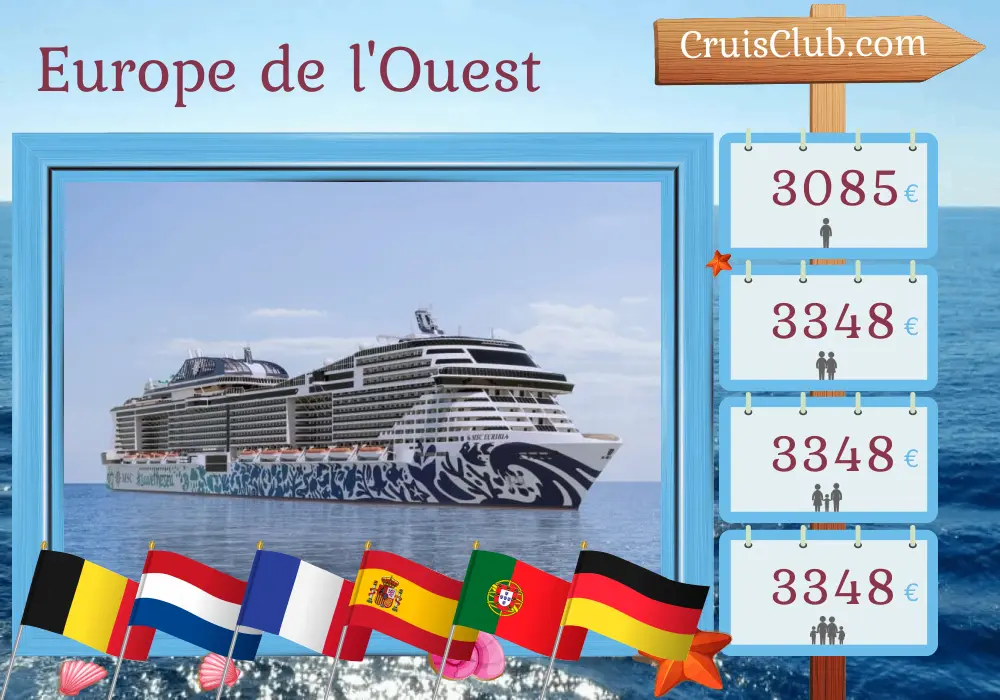 Croisière en Europe de l`Ouest depuis Zeebruges à bord du navire MSC Euribia avec des escales en Belgique, aux Pays-Bas, en France, en Espagne, au Maroc, au Portugal et en Allemagne pendant 23 jours