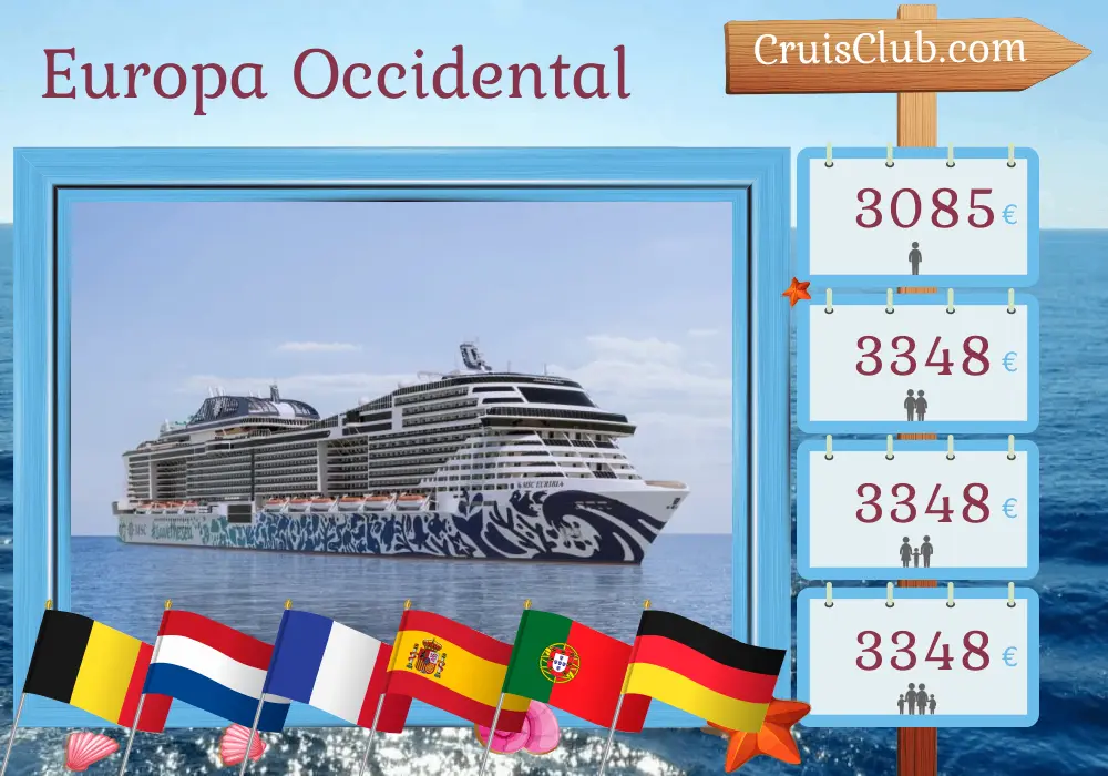 Crucero por el oeste de Europa desde Zeebrugge a bordo del MSC Euribia con visitas a Bélgica, Países Bajos, Francia, España, Marruecos, Portugal y Alemania durante 23 días