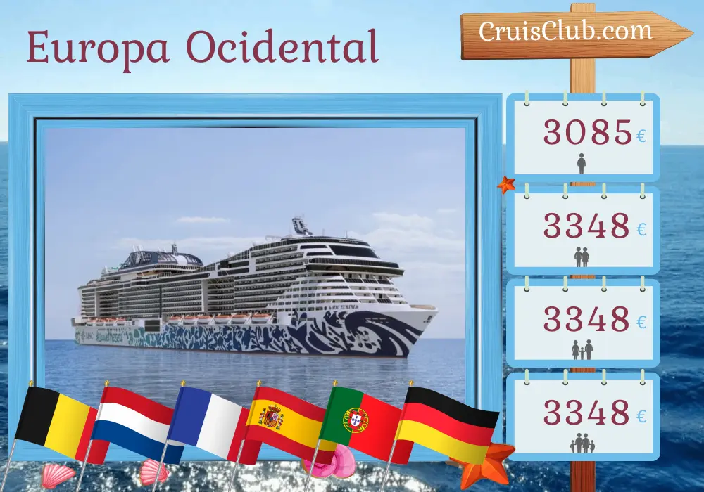 Cruzeiro na Europa Ocidental de Zeebrugge a bordo do navio MSC Euríbia com visitas à Bélgica, Holanda, França, Espanha, Marrocos, Portugal e Alemanha por 23 dias