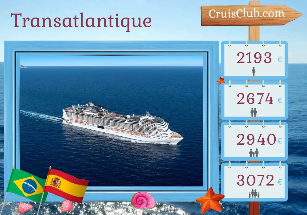 Croisière Transatlantique de Santos à Valence à bord du navire MSC Grandiosa avec des escales au Brésil, en Espagne et au Maroc pendant 20 jours