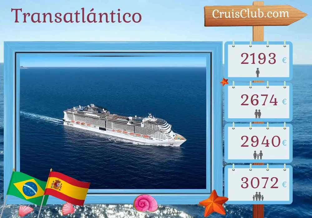 Crucero en el transatlántico de Santos a Valencia a bordo del barco MSC Grandiosa con visitas a Brasil, España y Marruecos durante 20 días