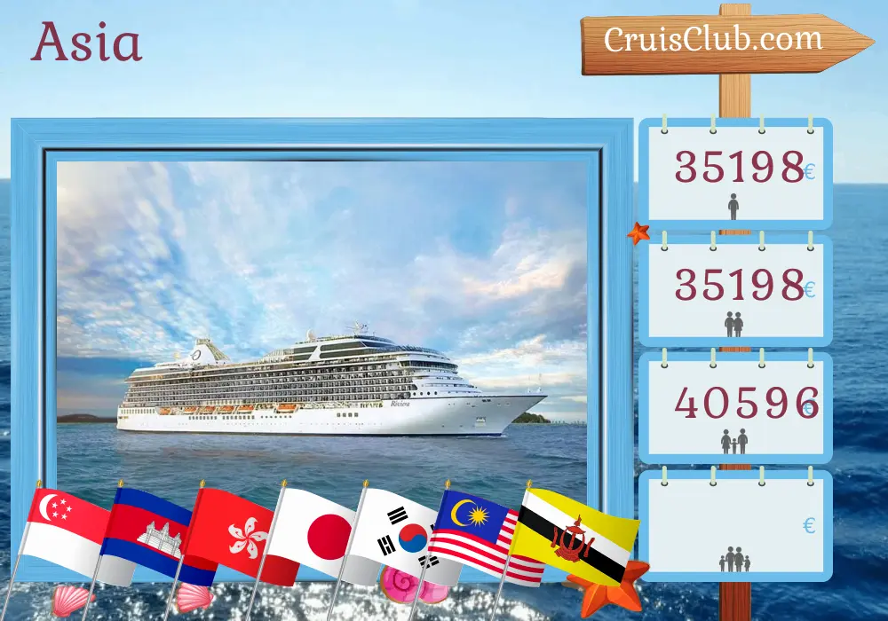 Crucero por Asia desde Singapur a bordo del barco Riviera con visitas a Singapur, Tailandia, Camboya, Viet Nam, Hong Kong, Taiwán, Japón, China, Corea del Sur, Filipinas, Malasia, Brunei Darussalam e Indonesia durante 58 días