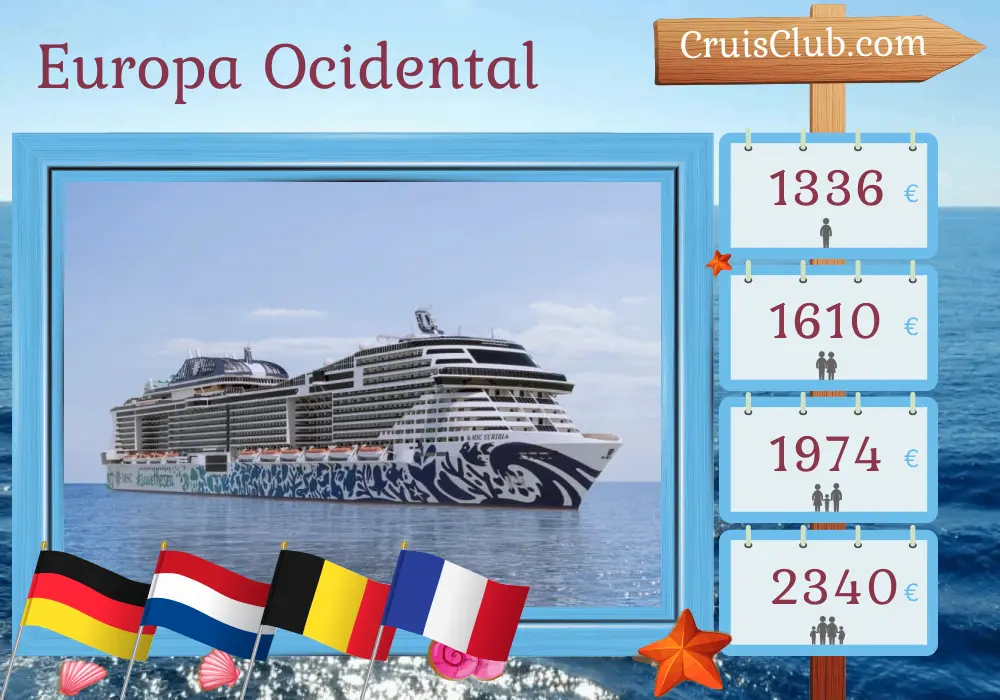 Cruzeiro na Europa Ocidental a partir de Hamburgo a bordo do navio MSC Euribia com visitas à Alemanha, Países Baixos, Bélgica e França por 8 dias