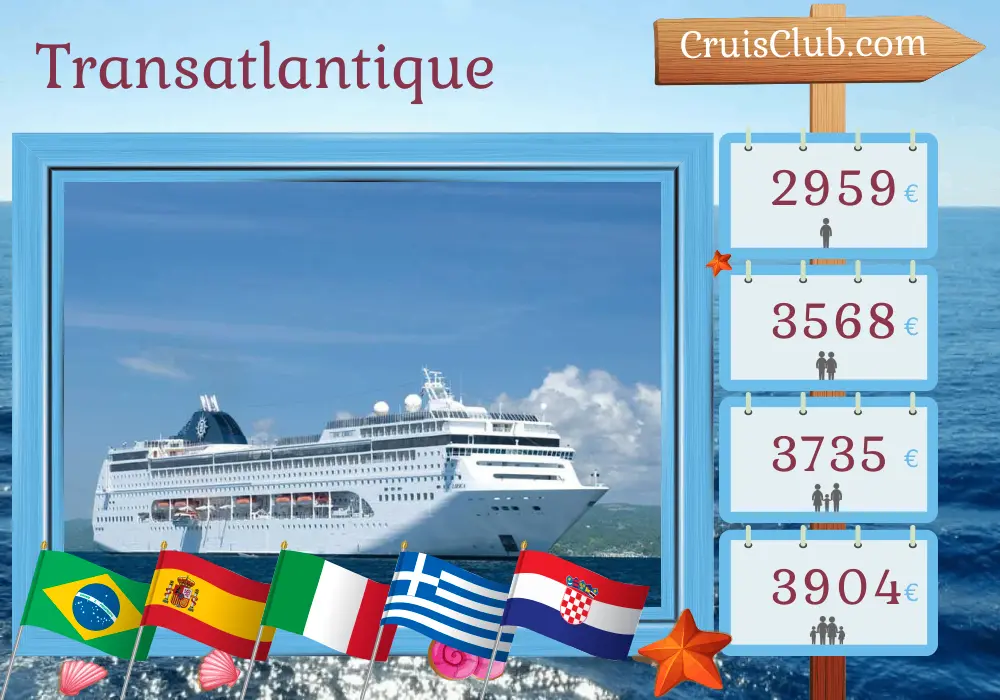 Croisière transatlantique de Itajai à Marghera à bord du navire MSC Lirica avec des escales au Brésil, en Espagne, en Italie, en Grèce et en Croatie pendant 22 jours