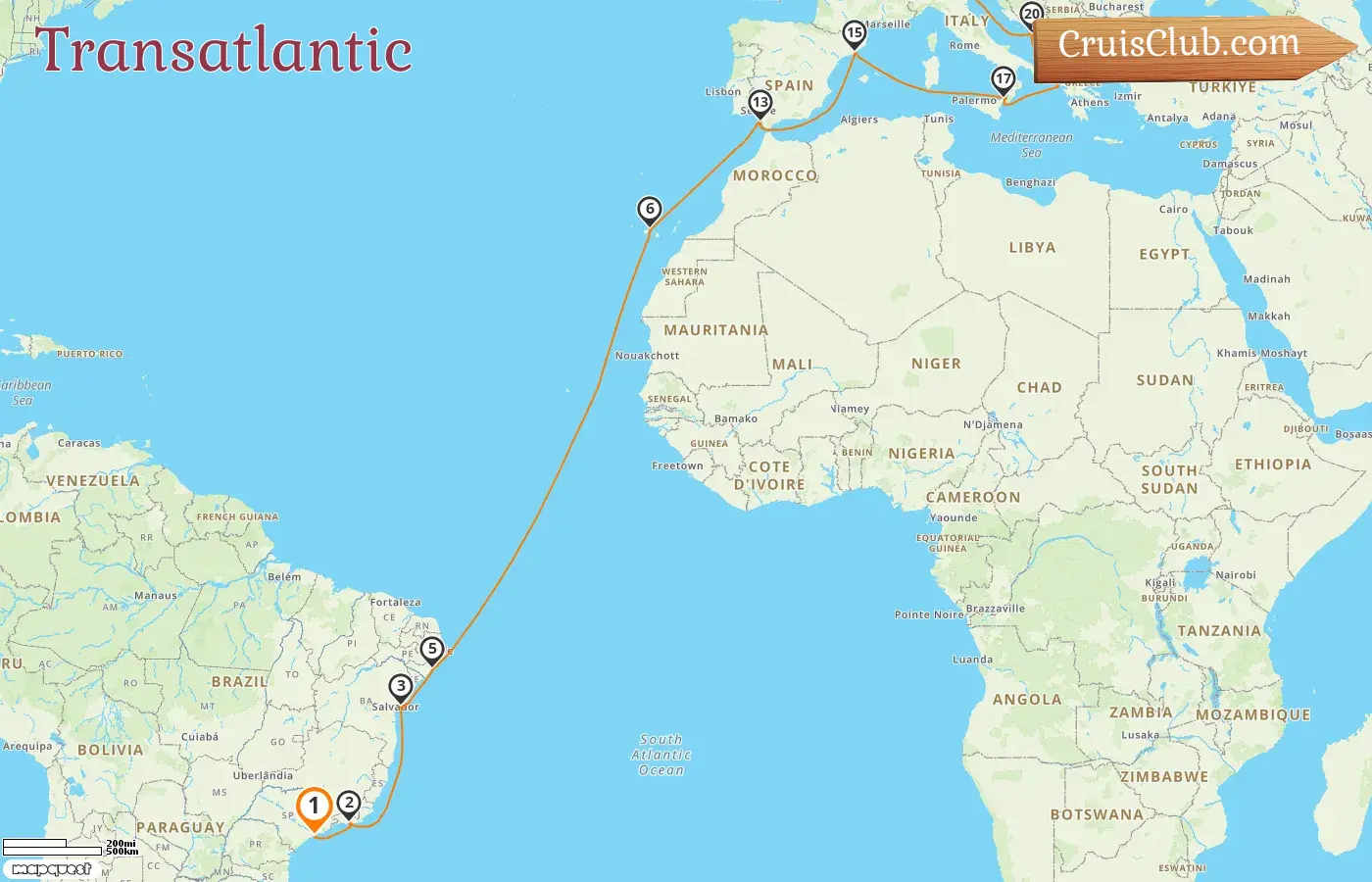 MSC Lirica Transatlantic Cruise from Santos to Marghera with visits to Brazil, Spain, Italy, Greece, and Croatia for 21 days