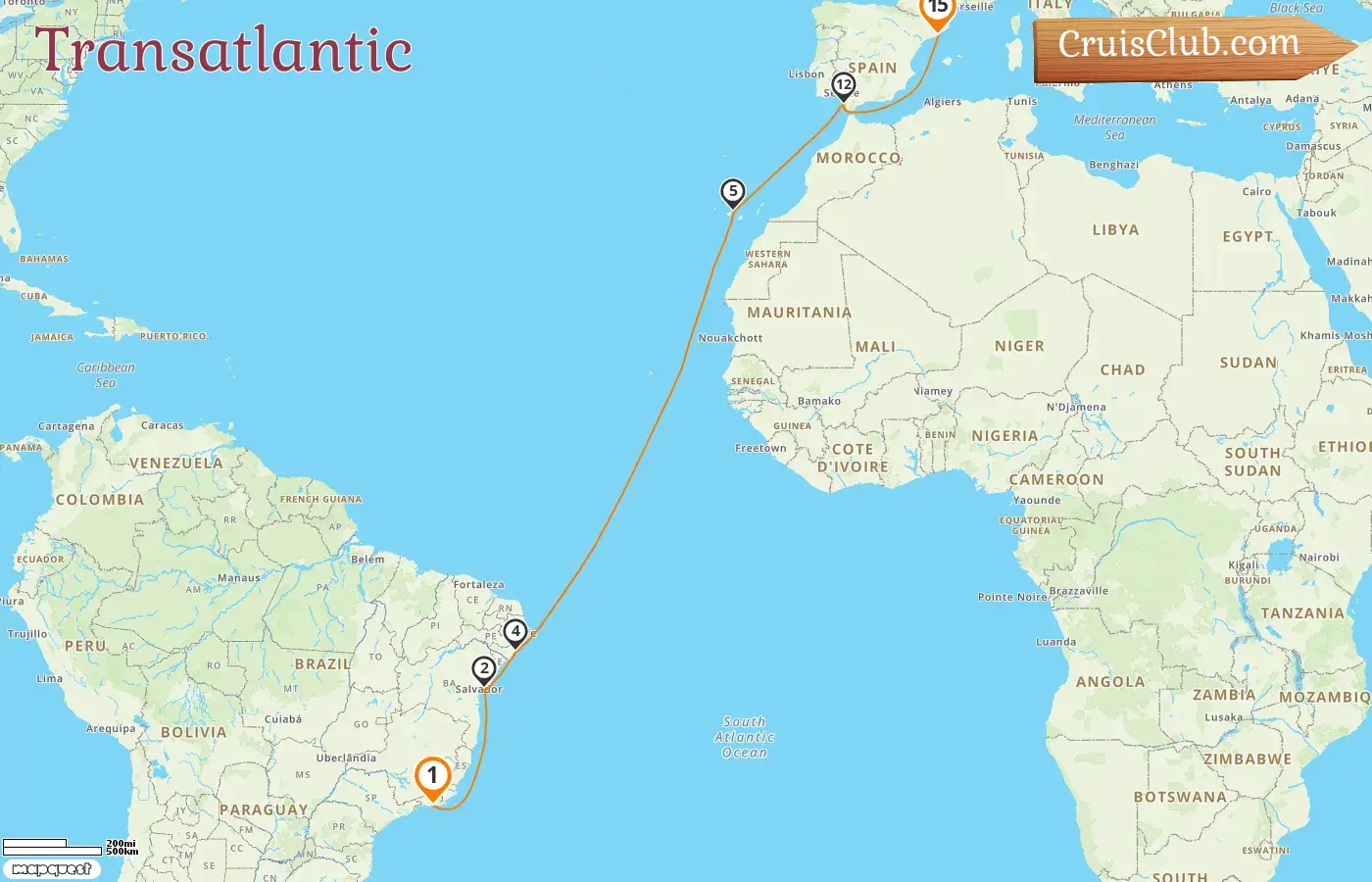 Transatlantic Cruise from Rio de Janeiro to Barcelona aboard MSC Lirica ship with visits to Brazil and Spain for 15 days