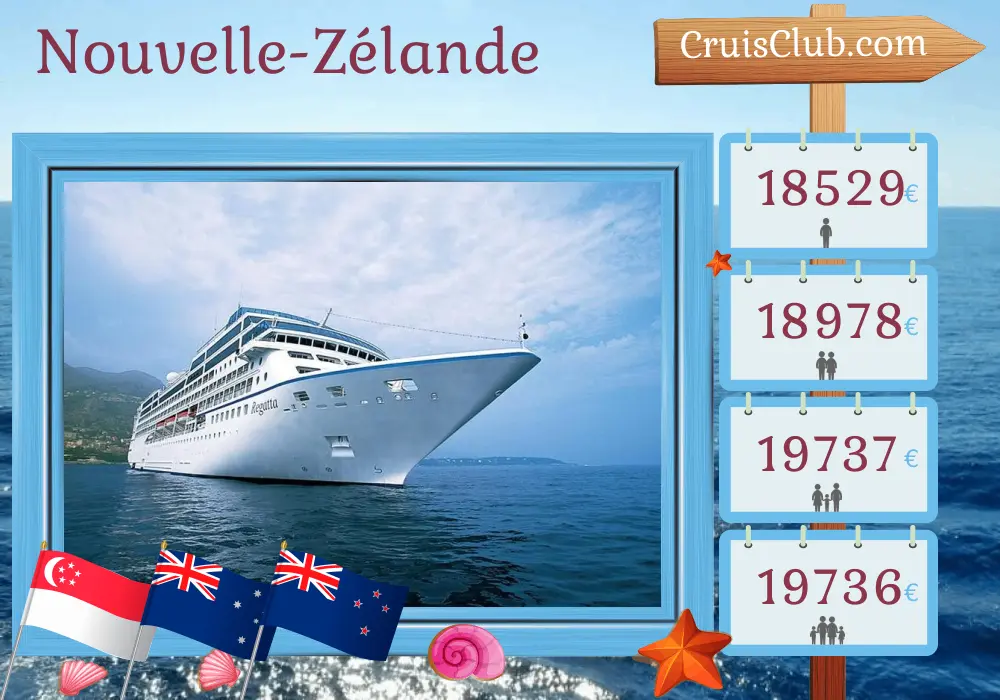 Croisière en Nouvelle-Zélande de Singapour à Sydney à bord du navire Regatta avec des escales à Singapour, en Indonésie, en Australie, en Papouasie-Nouvelle-Guinée et en Nouvelle-Zélande pendant 39 jours