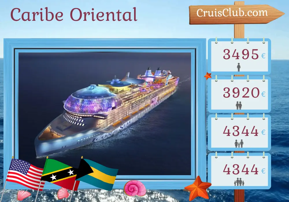 Cruzeiro no Caribe Oriental a partir de Miami a bordo do navio Ícone dos Mares com visitas aos EUA, São Cristóvão e Nevis e Bahamas por 8 dias