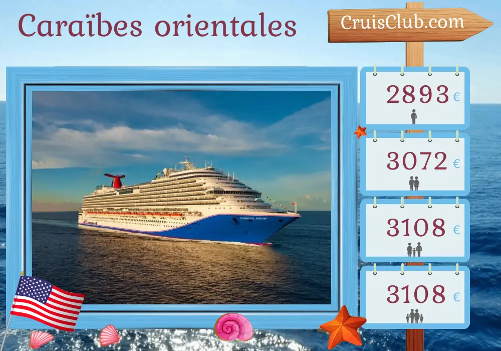 Croisière dans les Caraïbes de l`Est depuis Galveston à bord du navire Carnival Dream avec des visites aux États-Unis, à Porto Rico, à Saint-Kitts-et-Nevis et en Jamaïque pendant 15 jours