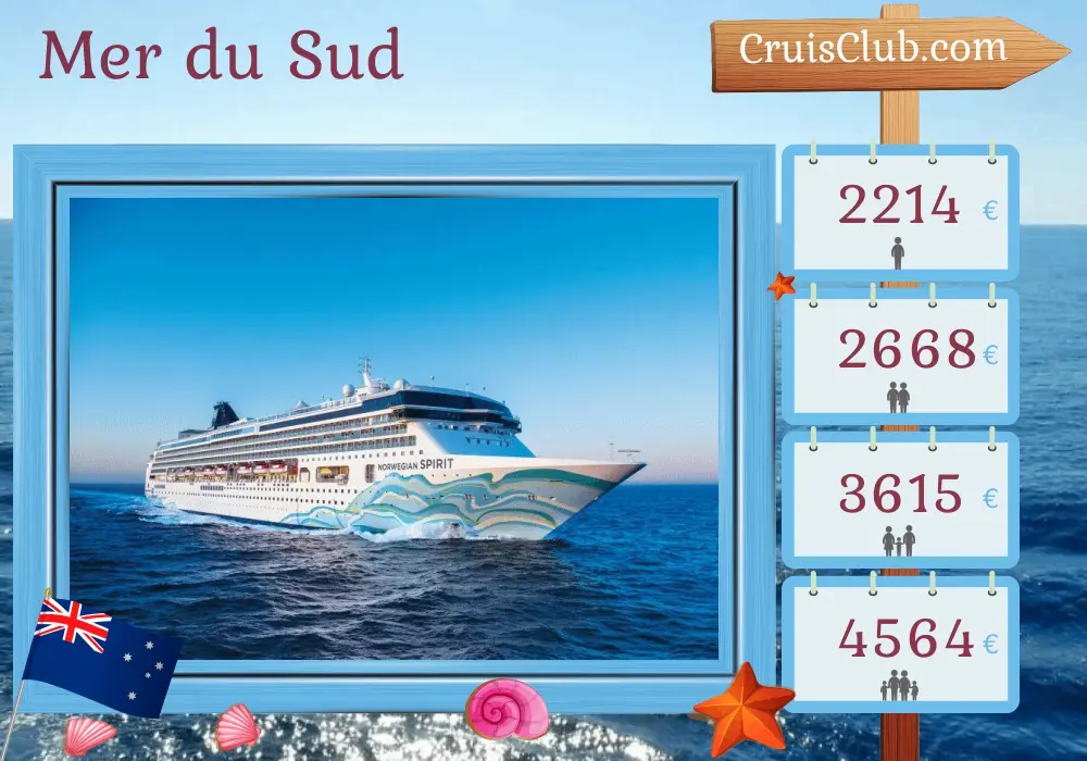 Croisière en mer du Sud de Sydney à Papeete à bord du navire Norwegian Spirit avec des visites en Australie, en Nouvelle-Calédonie, au Vanuatu, aux Fidji et en Polynésie française pendant 15 jours