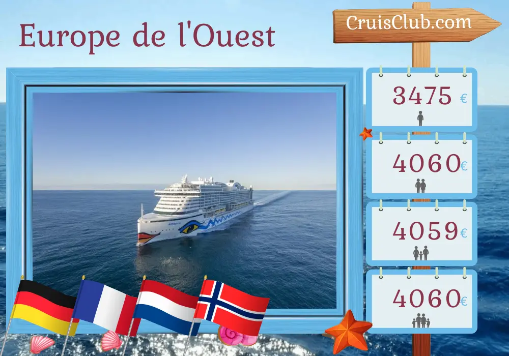 Croisière en Europe de l`Ouest au départ de Hambourg à bord du navire AIDAprima avec des visites en Allemagne, en France, aux Pays-Bas et en Norvège pendant 15 jours