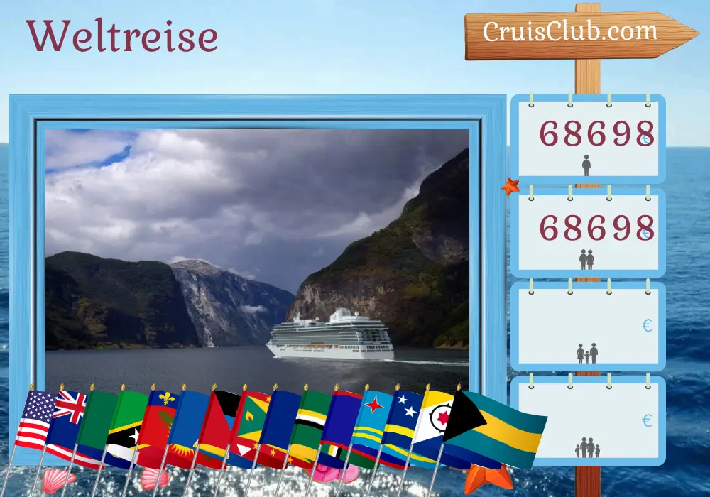 Welttour-Kreuzfahrt ab Miami an Bord der Vista mit Besuchen in den USA, den Cayman Islands, Kolumbien, Panama, Costa Rica, Nicaragua, Guatemala, Mexiko, der Dominikanischen Republik, Puerto Rico, Saint Kitts und Nevis, Guadeloupe, Saint Lucia, Saint Barthélemy, Grenada, Barbados, Dominica, Belize, Honduras, Aruba, Curaçao und den Bahamas für 91 Tage