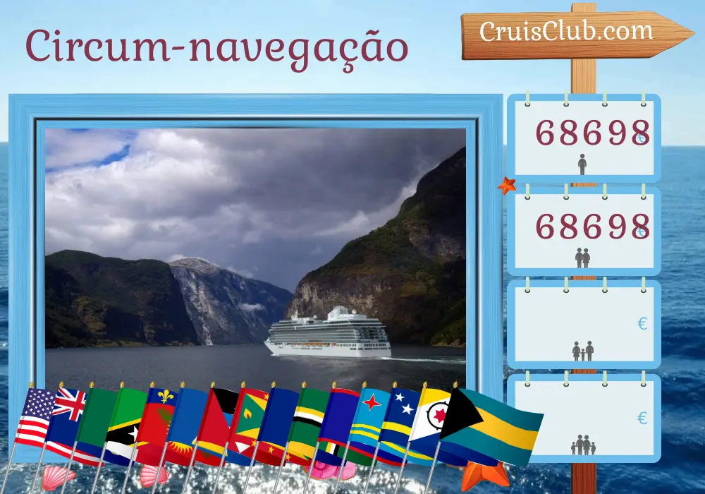 Cruzeiro no Tour Mundial saindo de Miami a bordo do navio Vista com visitas aos EUA, Ilhas Cayman, Colômbia, Panamá, Costa Rica, Nicarágua, Guatemala, México, República Dominicana, Porto Rico, São Cristóvão e Nevis, Guadalupe, Santa Lúcia, São Bartolomeu, Granada, Barbados, Dominica, Belize, Honduras, Aruba, Curaçao e Bahamas por 91 dias