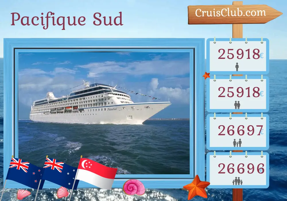 Croisière dans le Pacifique Sud de Papeete à Singapour à bord du navire Nautica avec visites en Polynésie française, Samoa, Fidji, Vanuatu, Nouvelle-Calédonie, Nouvelle-Zélande, Australie, Indonésie et Singapour pendant 51 jours