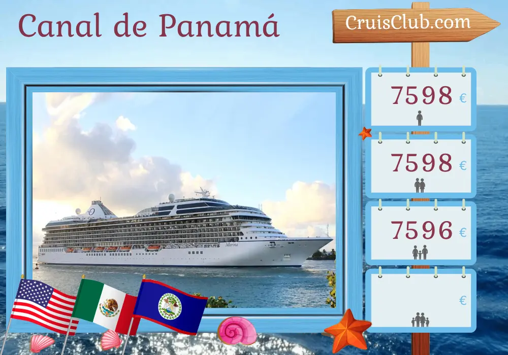 Crucero en el Canal de Panamá desde Miami a Callao a bordo del barco Marina con visitas a Estados Unidos, México, Belice, Honduras, Costa Rica, Panamá, Ecuador, y Perú durante 15 días