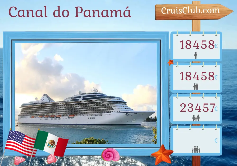 Cruzeiro no Canal do Panamá de Miami a Buenos Aires a bordo do navio Marina com visitas aos Estados Unidos, México, Belize, Honduras, Costa Rica, Panamá, Equador, Peru, Chile, Argentina, Ilhas Falkland e Uruguai por 39 dias