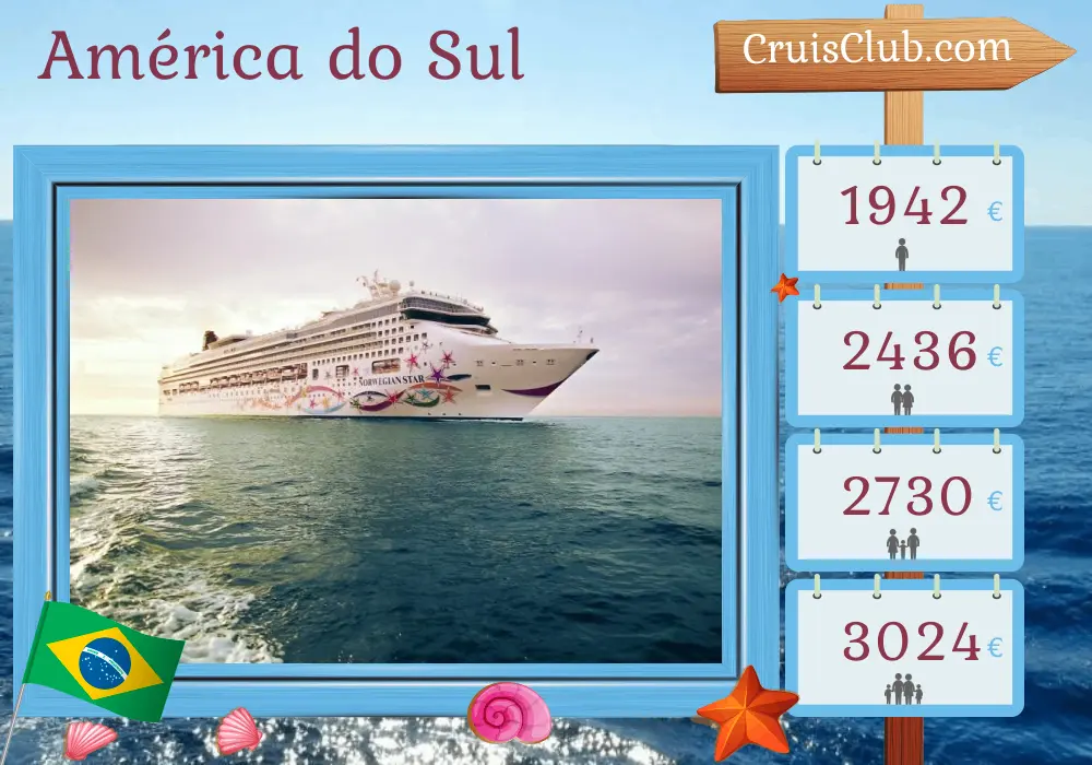 Cruzeiro na América do Sul de Buenos Aires ao Rio de Janeiro a bordo do navio Norwegian Star com visitas à Argentina, Uruguai e Brasil por 11 dias