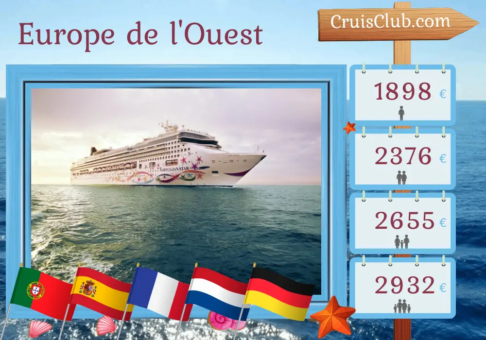 Croisière en Europe occidentale de Lisbonne à Portsmouth à bord du navire Norwegian Star avec visites au Portugal, en Espagne, en France, aux Pays-Bas et en Allemagne pendant 12 jours