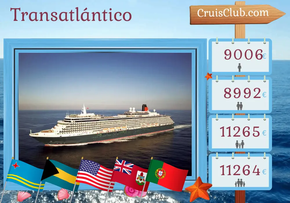 Crucero Transatlántico de Santiago de Chile a Southampton a bordo del barco Queen Victoria, con visitas a Chile, Perú, Ecuador, Panamá, Aruba, Bahamas, Estados Unidos, Bermudas y Portugal durante 32 días