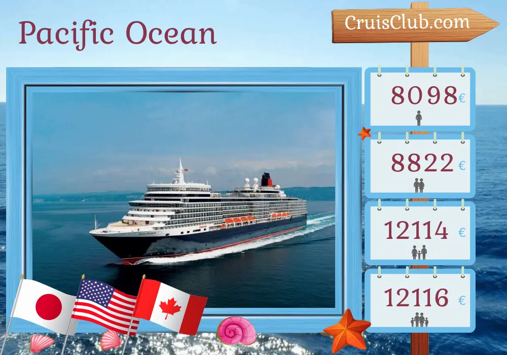Cruise in the Pacific Ocean from Tokyo to Vancouver aboard Queen Elizabeth ship with visits to Japan, USA, and Canada for 30 days
