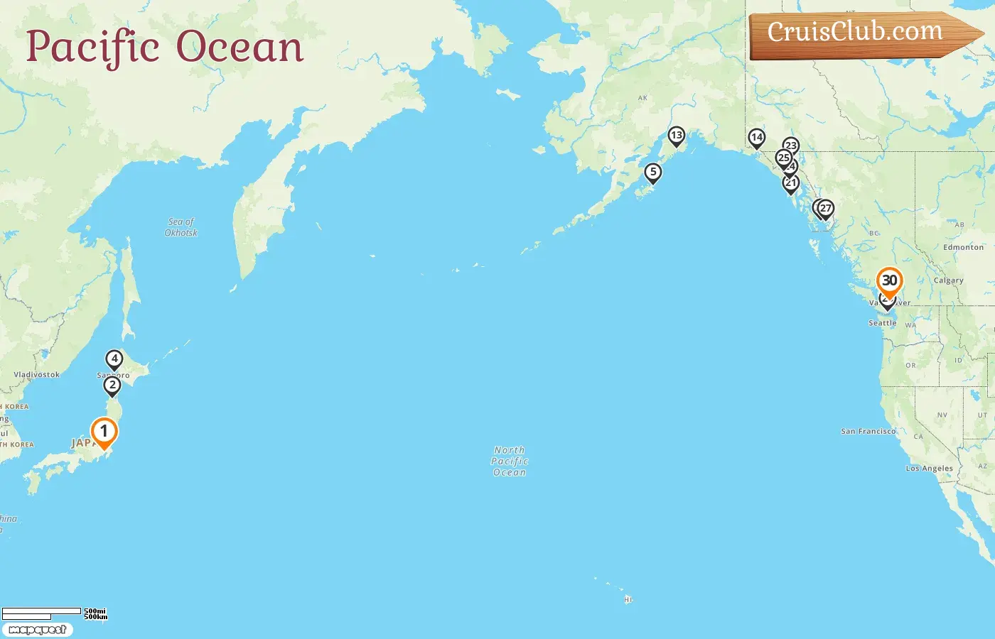 Cruise in the Pacific Ocean from Tokyo to Vancouver aboard Queen Elizabeth ship with visits to Japan, USA, and Canada for 30 days