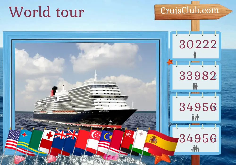 Cruise in the World tour from Southampton aboard Queen Anne ship with visits to USA, Aruba, Panama, Guatemala, Mexico, Samoa, Tonga, New Zealand, Australia, Philippines, Hong Kong, Viet Nam, Singapore, Malaysia, Sri Lanka, United Arab Emirates, Oman, Egypt, Malta, and Spain for 108 days