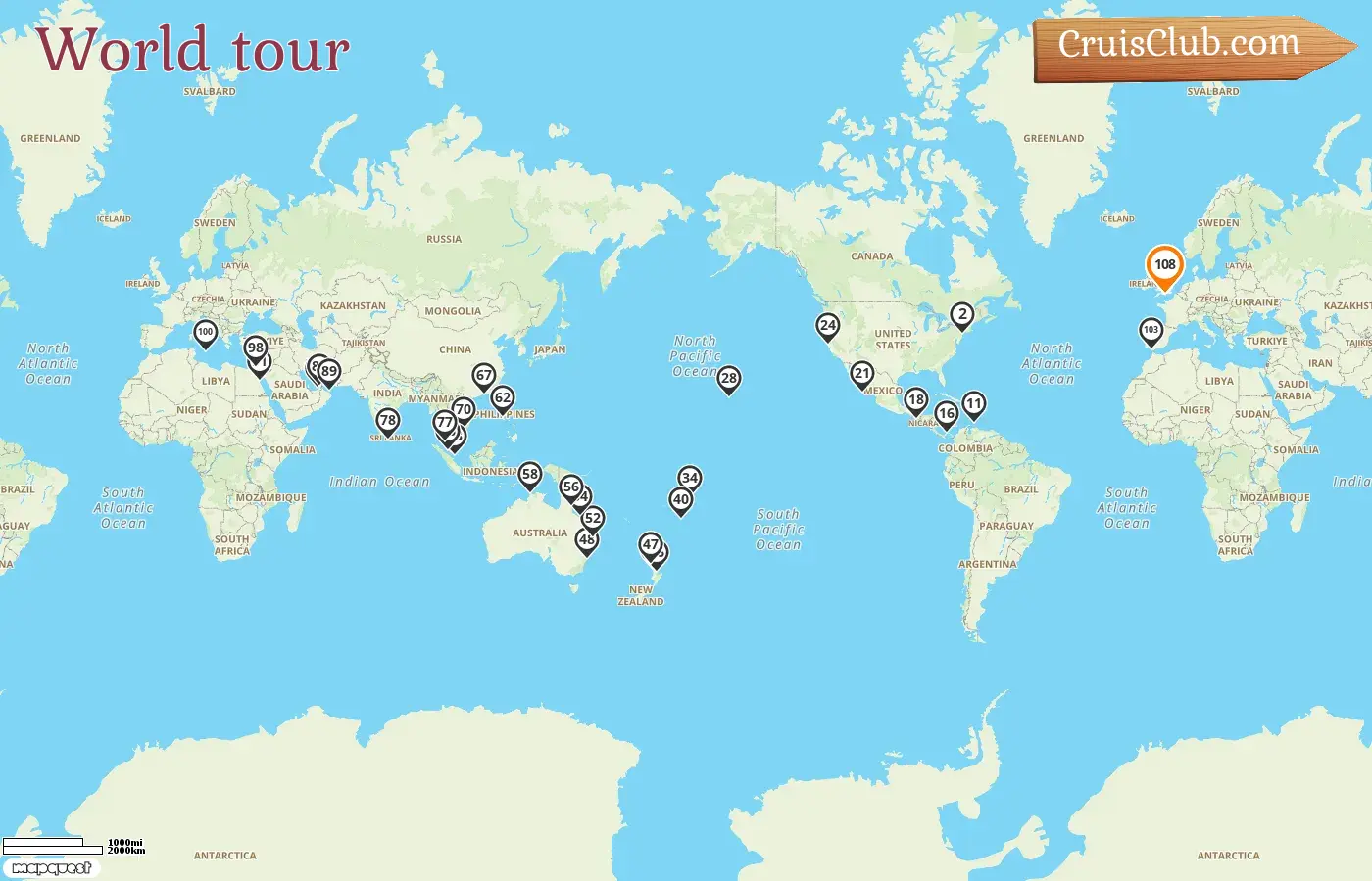 Cruise in the World tour from Southampton aboard Queen Anne ship with visits to USA, Aruba, Panama, Guatemala, Mexico, Samoa, Tonga, New Zealand, Australia, Philippines, Hong Kong, Viet Nam, Singapore, Malaysia, Sri Lanka, United Arab Emirates, Oman, Egypt, Malta, and Spain for 108 days