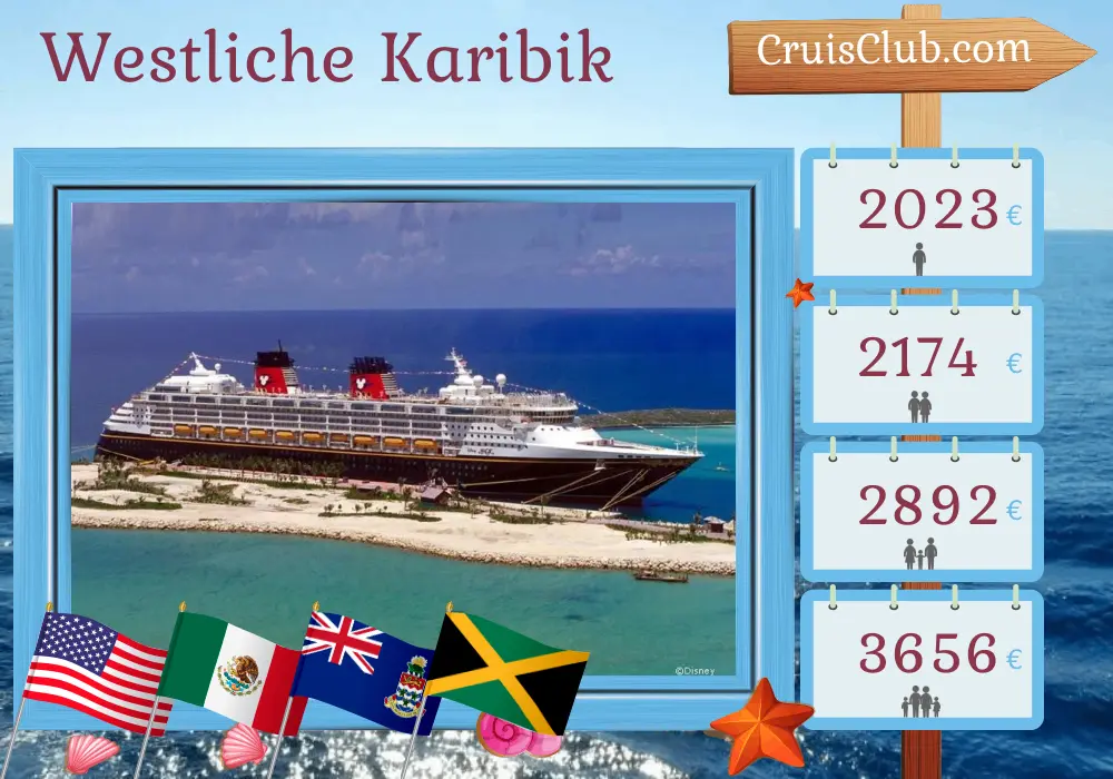 Kreuzfahrt in der westlichen Karibik von Galveston nach San Juan an Bord des Disney Magic-Schiffs mit Besuchen in den USA, Mexiko, den Cayman Islands, Jamaika und Puerto Rico für 7 Tage