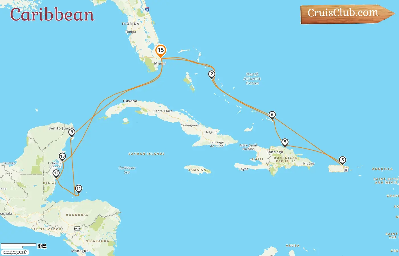 Cruise in the Caribbean from Fort Lauderdale aboard Enchanted Princess ship with visits to USA, Bahamas, Puerto Rico, Dominican Republic, Mexico, Honduras, and Belize for 15 days