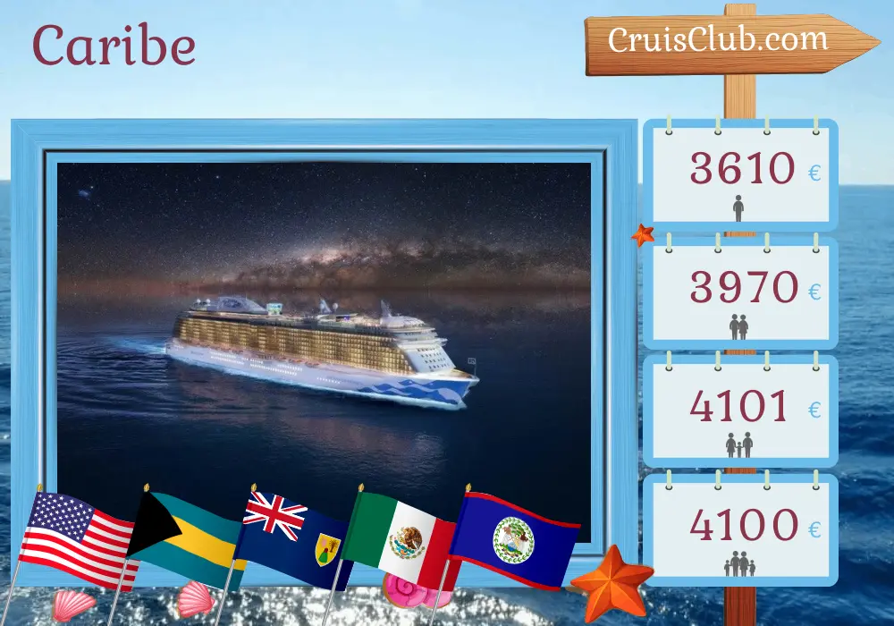 Cruzeiro no Caribe desde Fort Lauderdale a bordo do navio Enchanted Princess com visitas aos Estados Unidos, Bahamas, Porto Rico, República Dominicana, México, Honduras e Belize por 15 dias