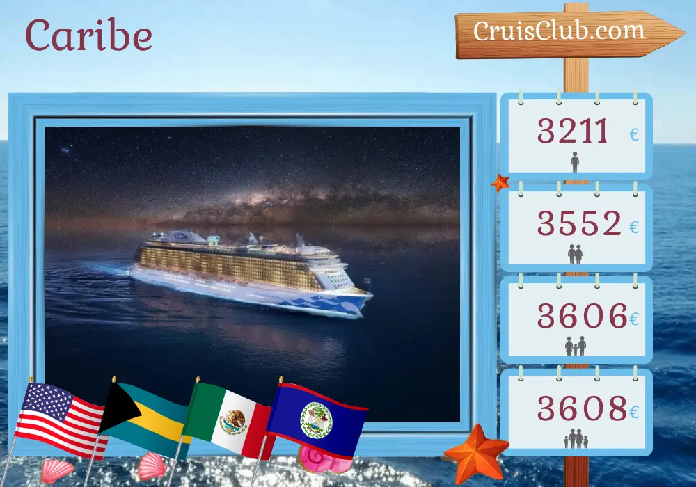 Cruzeiro no Caribe de Fort Lauderdale a bordo do navio Enchanted Princess com paradas nos EUA, Bahamas, Porto Rico, México, Belize e Honduras por 15 dias