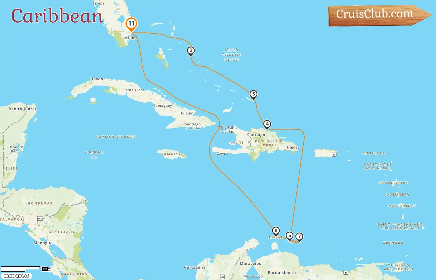 Cruise in the Caribbean from Fort Lauderdale aboard Eurodam ship with visits to USA, Bahamas, Dominican Republic, Curaçao, and Aruba for 11 days