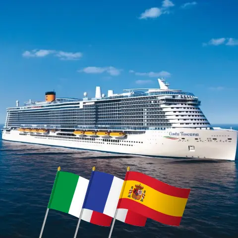 Cruzeiro no Mediterrâneo a partir de Civitavecchia a bordo do navio Costa Toscana com visitas à Itália, França e Espanha por 8 dias