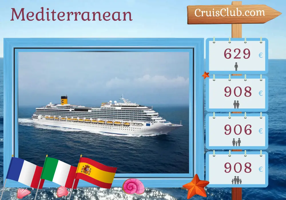 Cruise in the Mediterranean from Marseille aboard Costa Pacifica ship with visits to France, Italy, and Spain for 4 days