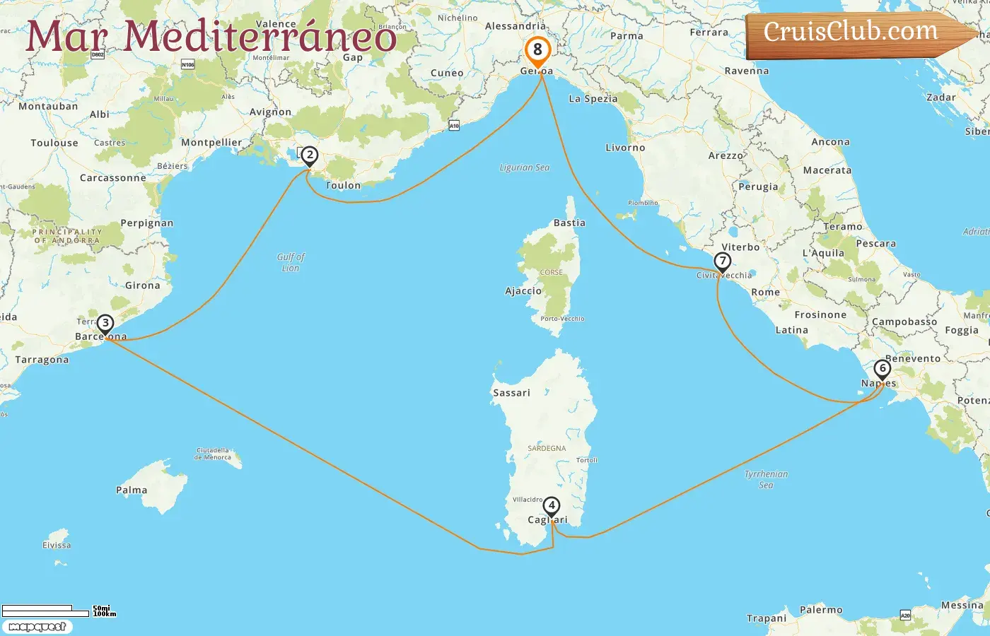 Crucero por el Mediterráneo desde Génova a bordo del barco Costa Smeralda con visitas a Italia, Francia y España durante 8 días