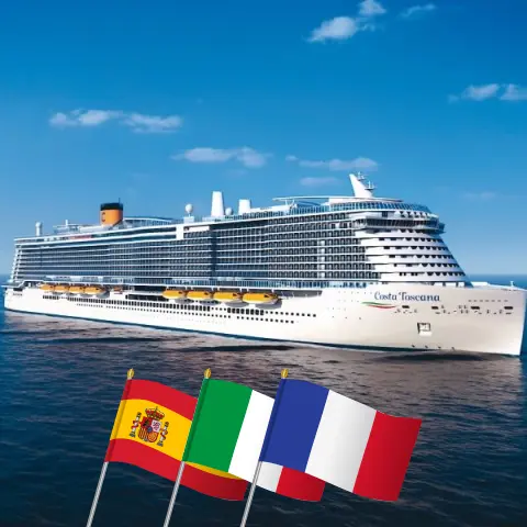 Crucero por el Mediterráneo desde Barcelona a bordo del barco Costa Toscana con visitas a España, Italia y Francia durante 8 días