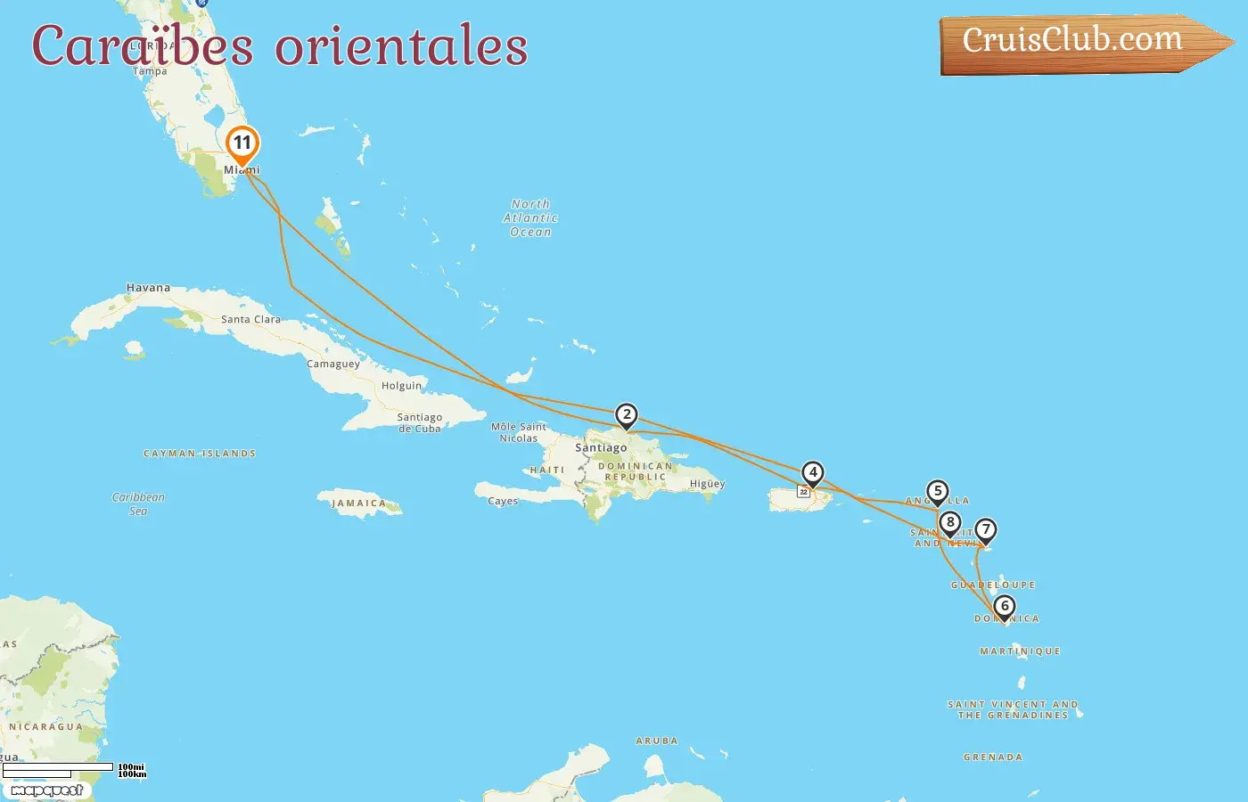 Croisière dans les Caraïbes de l`Est au départ de Miami à bord du navire Explorer of the Seas avec des escales aux États-Unis, en République dominicaine, à Porto Rico, en Dominique et à Saint-Kitts-et-Nevis pendant 11 jours