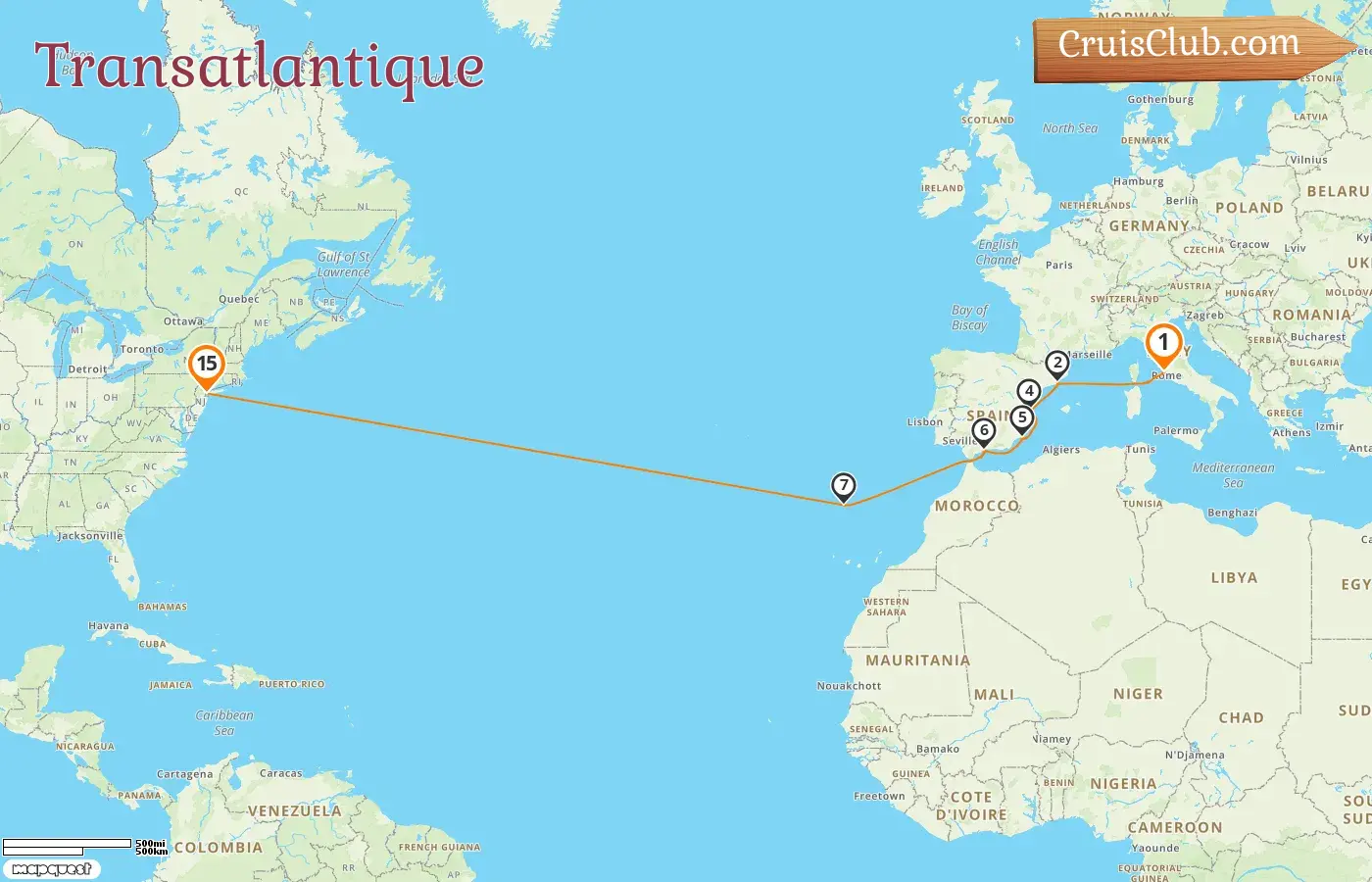 Croisière transatlantique de Civitavecchia à Cape Liberty / New York à bord du navire Odyssey of the Seas avec des visites en Italie, en Espagne, au Portugal et aux États-Unis pendant 15 jours