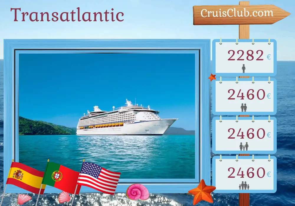 Cruise in the Transatlantic from Barcelona to Port Canaveral / Orlando aboard Voyager of the Seas ship with visits to Spain, Portugal, and USA for 17 days