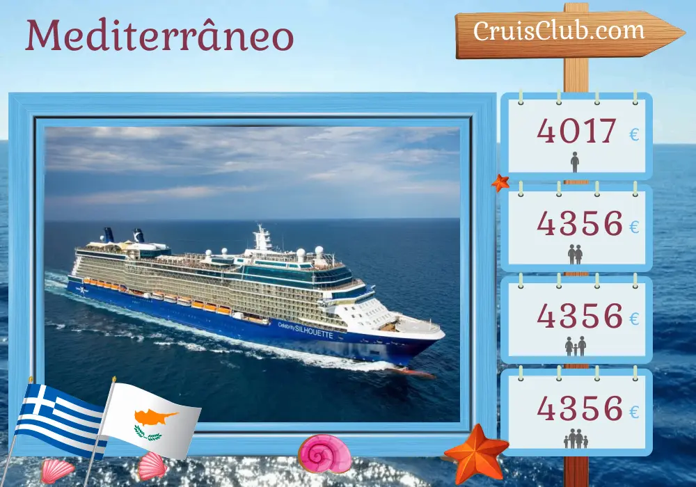 Cruzeiro no Mediterrâneo saindo de Piraeus a bordo do navio Celebrity Silhouette com visitas à Grécia, Egito, Chipre, Israel e Turquia por 11 dias