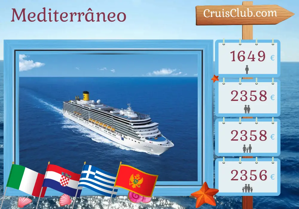 Cruzeiro no Mediterrâneo de Marghera a Trieste a bordo do navio Costa Deliziosa com visitas à Itália, Croácia, Grécia e Montenegro por 8 dias