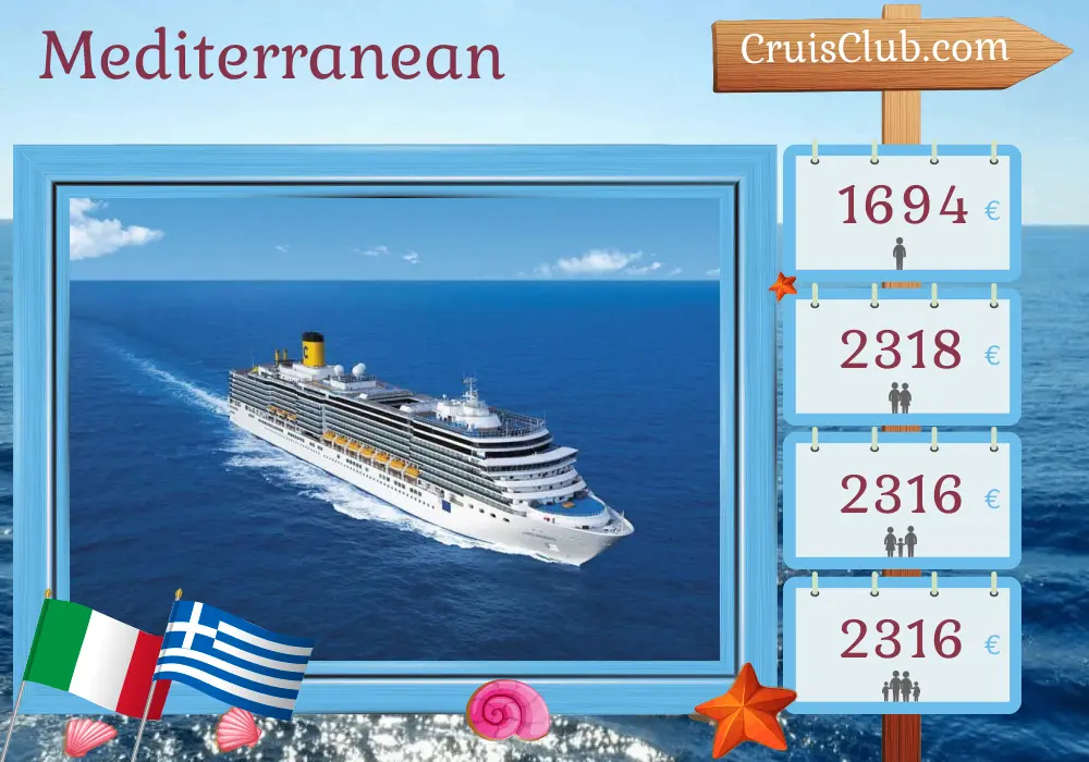 Cruise in the Mediterranean from Marghera aboard Costa Deliziosa ship with visits to Italy and Greece for 8 days