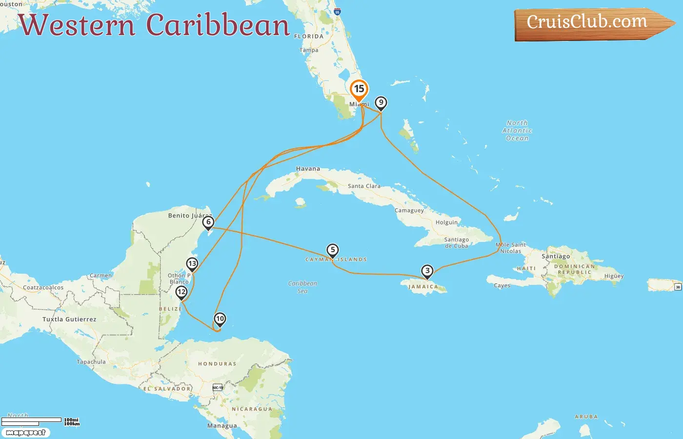 Cruise in the Western Caribbean from Miami aboard MSC Magnifica ship with visits to USA, Bahamas, Jamaica, Cayman Islands, Mexico, Honduras, and Belize for 15 days