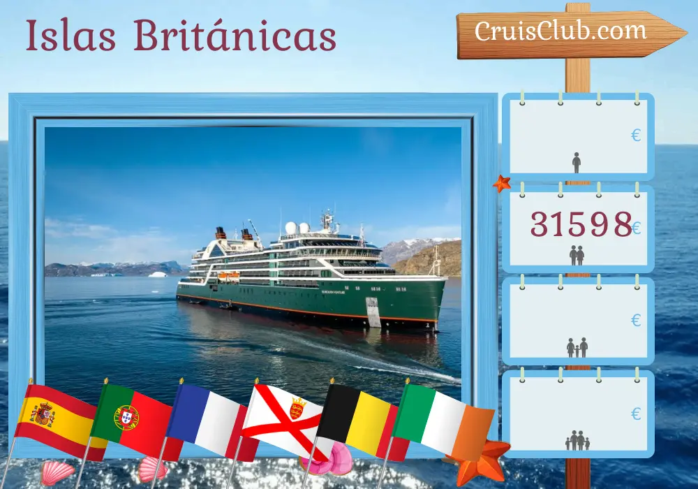 Crucero por las Islas Británicas desde Málaga hasta Leith a bordo del barco Seabourn Venture con visitas a España, Portugal, Francia, Jersey, Bélgica, Irlanda e Isla de Man durante 27 días