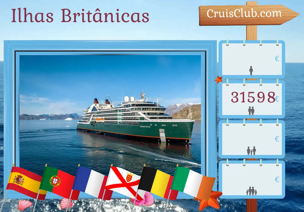 Cruzeiro nas Ilhas Britânicas de Málaga a Leith a bordo do navio Seabourn Venture com visitas à Espanha, Portugal, França, Jersey, Bélgica, Irlanda e Ilha de Man durante 27 dias