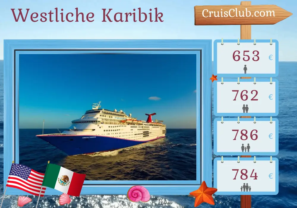 Kreuzfahrt in der westlichen Karibik ab Tampa an Bord des Carnival Paradise-Schiffs mit Besuchen in den USA, Honduras und Mexiko für 6 Tage