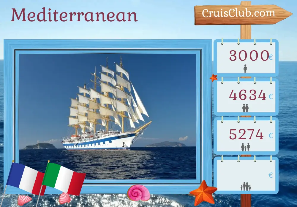 Cruise in the Mediterranean from Cannes aboard Royal Clipper ship with visits to France and Italy for 8 days