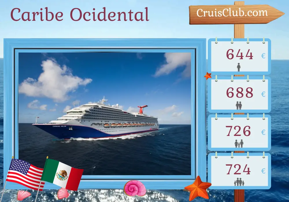 Cruzeiro no Caribe Ocidental saindo de Nova Orleans a bordo do navio Carnival Valor com paradas nos Estados Unidos e México por 6 dias