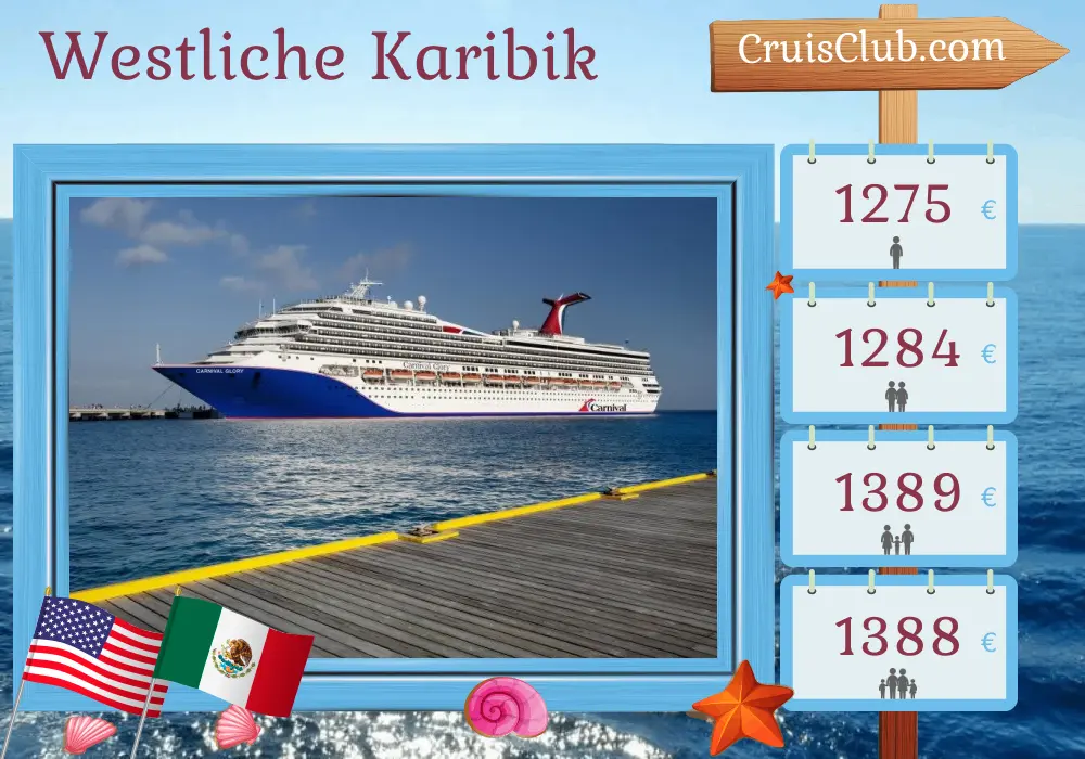 Kreuzfahrt in der westlichen Karibik ab New Orleans an Bord des Carnival Glory Schiffes mit Besuchen in den USA, Jamaika, den Cayman-Inseln und Mexiko für 8 Tage